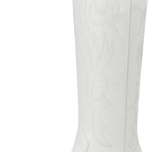 Womens Western Cowboy Boots Faux Leather Knee High Chunky Heel Embroidered - Picture 1 of 8